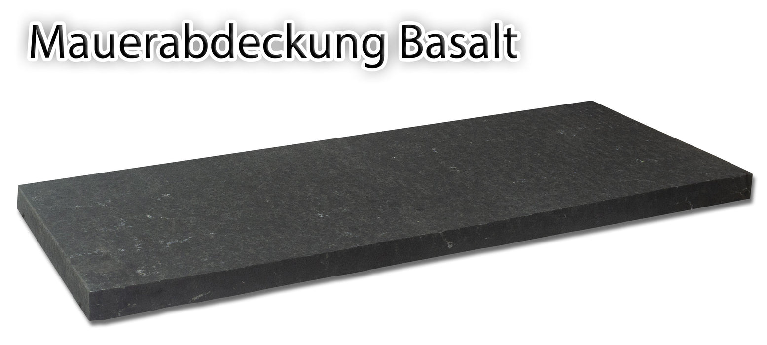 Mauerabdeckung Basalt, Oberflächen geflammt und wassergestrahlt, Längsseite handbekantet, Tropfnase