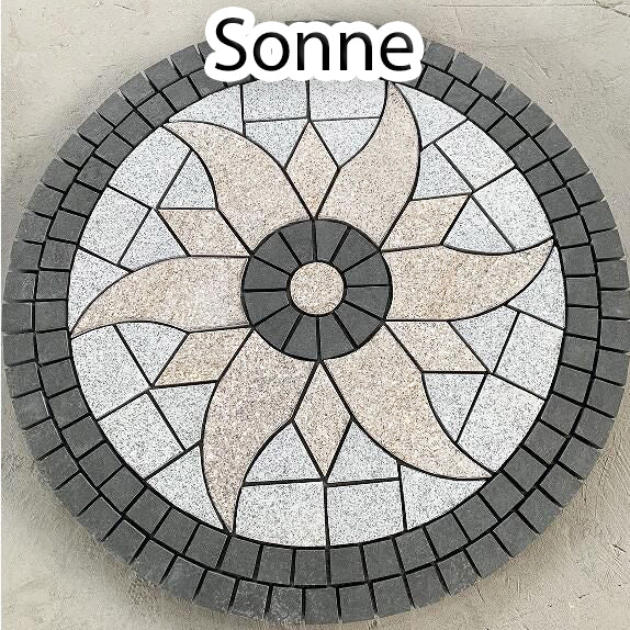 Mosaik Sonne rund Granit (grau, gelb, schwarz) geflammt, 3 cm Stärke